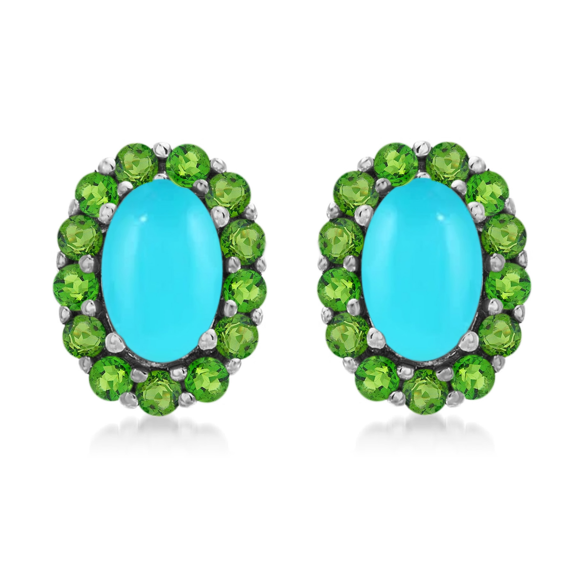 Sterling Silver 6x4mm Sleeping Beauty Turq & Gemstone Halo Stud Earrings