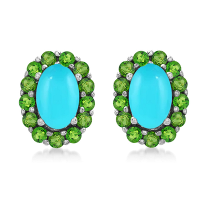 Sterling Silver 6x4mm Sleeping Beauty Turq & Gemstone Halo Stud Earrings