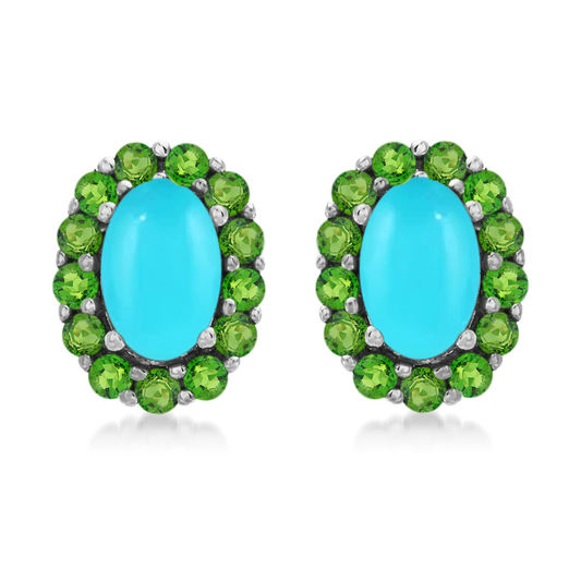 Sterling Silver 6x4mm Sleeping Beauty Turq & Gemstone Halo Stud Earrings