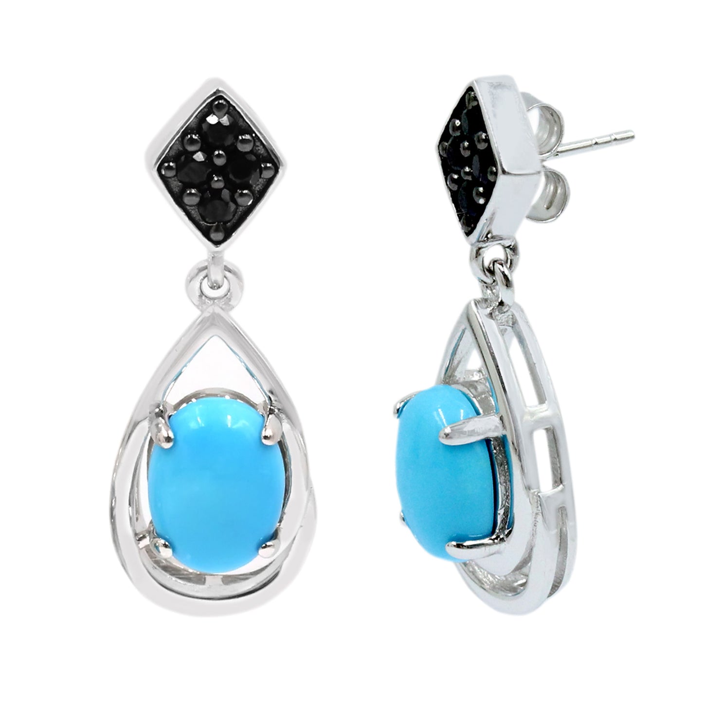Sterling Silver 8x6mm Sleeping Beauty Turquoise & Black Spinel Drop Earrings