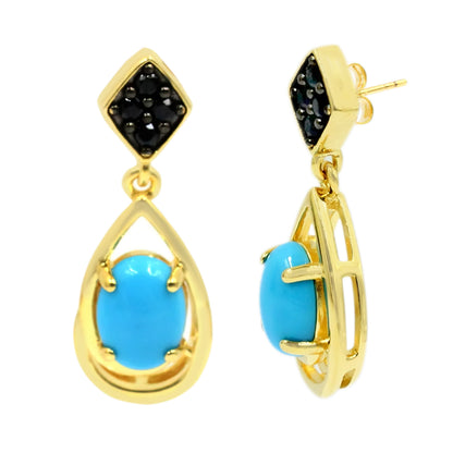 Sterling Silver 8x6mm Sleeping Beauty Turquoise & Black Spinel Drop Earrings