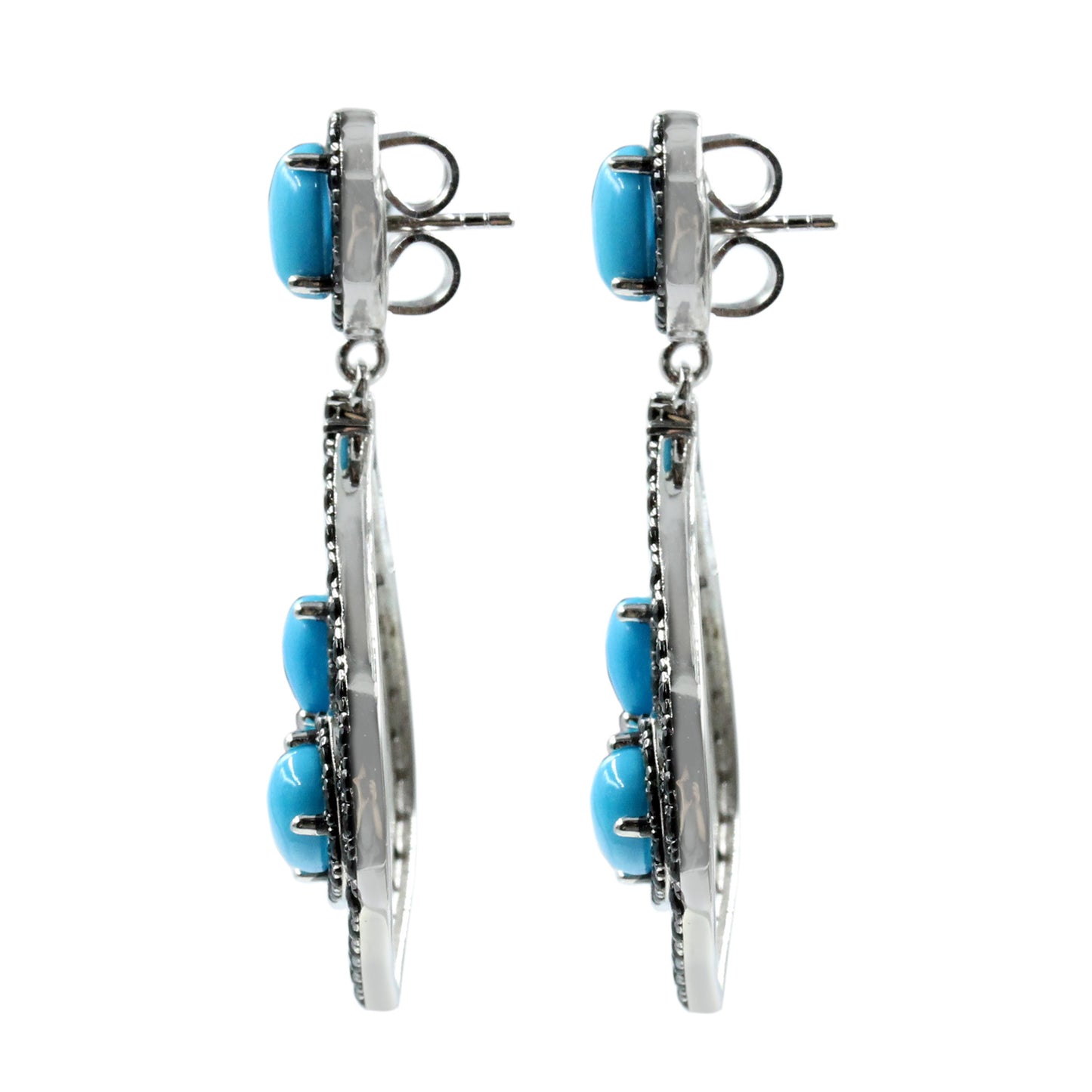 Sterling Silver Pear-Shaped Sleeping Beauty Turq & Black Spinel Flower Motif Drop Earrings