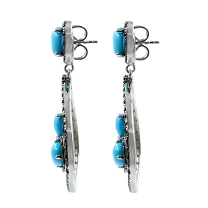 Sterling Silver Pear-Shaped Sleeping Beauty Turq & Black Spinel Flower Motif Drop Earrings