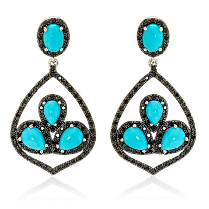 Sterling Silver Pear-Shaped Sleeping Beauty Turq & Black Spinel Flower Motif Drop Earrings