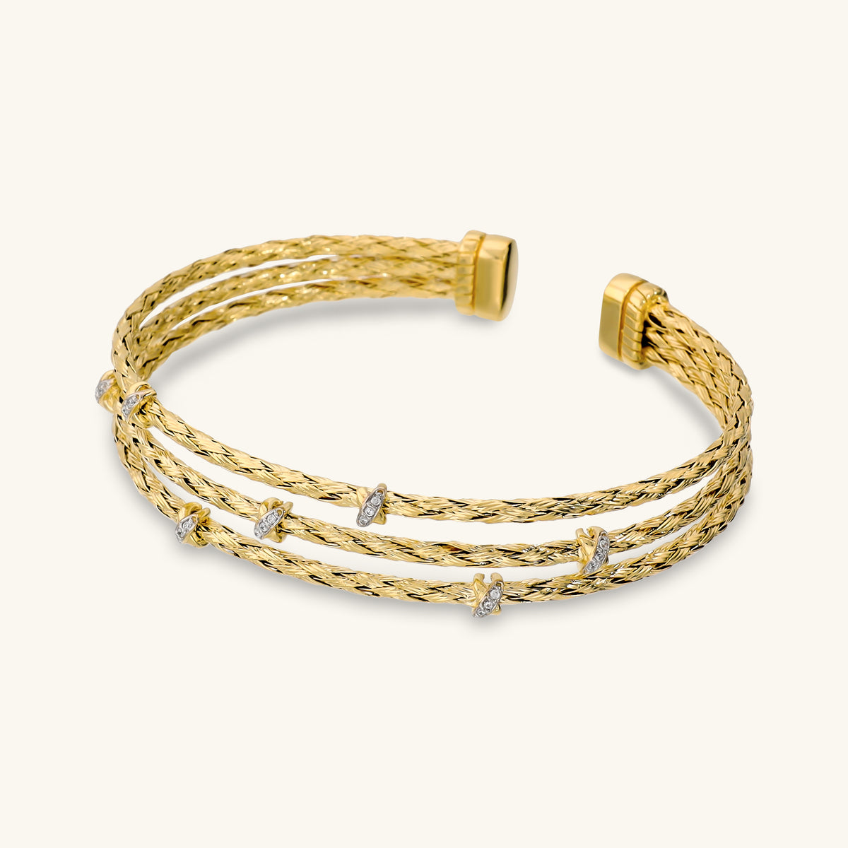 Toscana Italiana 18K Gold Plated Simulated Diamond Textured Woven Triple Row Cuff Bracelet