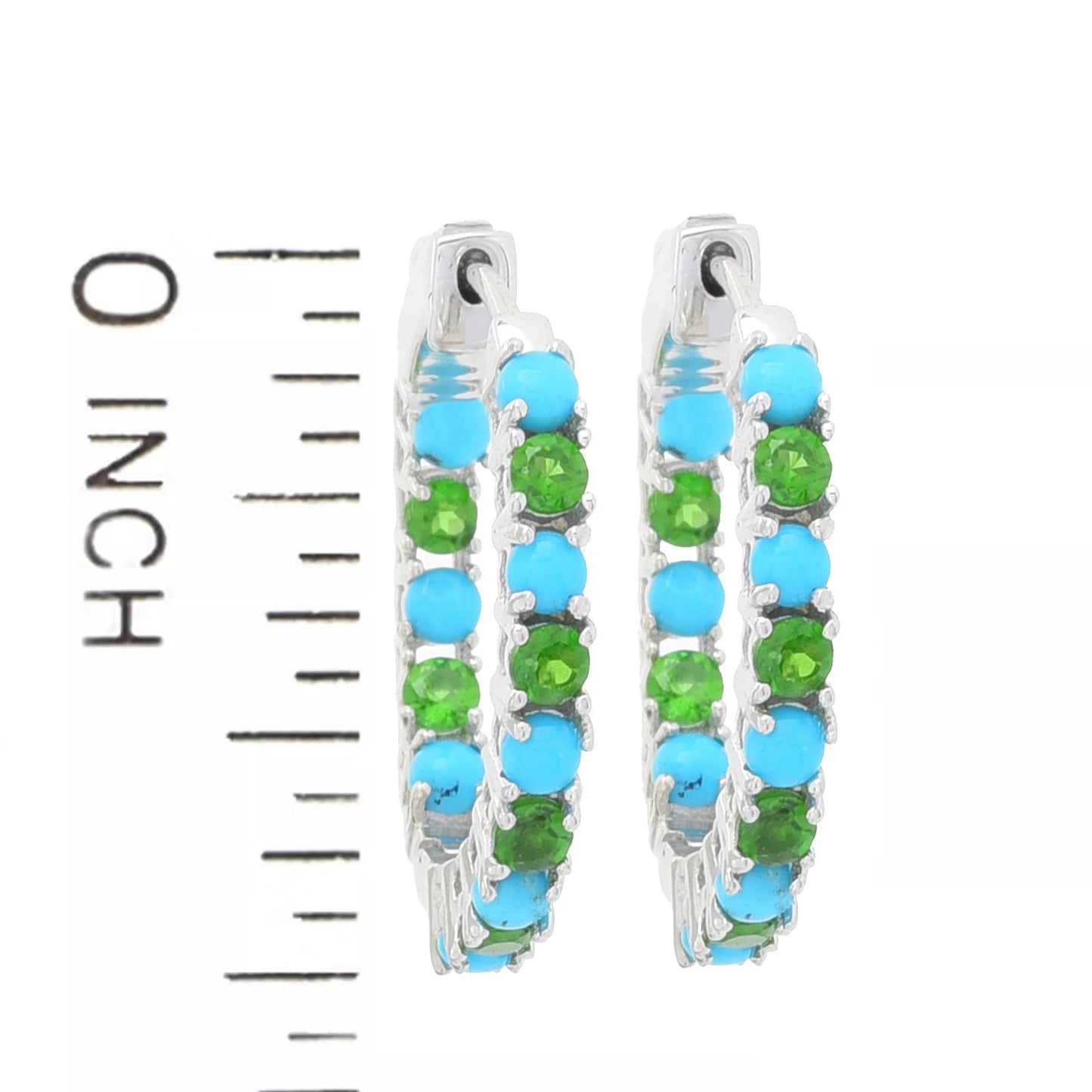 Sterling Silver 3mm Sleeping Beauty Turquoise & Chrome Diopside Inside-Out Hoop Earrings