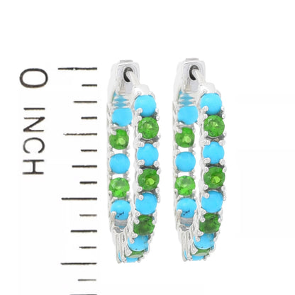 Sterling Silver 3mm Sleeping Beauty Turquoise & Chrome Diopside Inside-Out Hoop Earrings