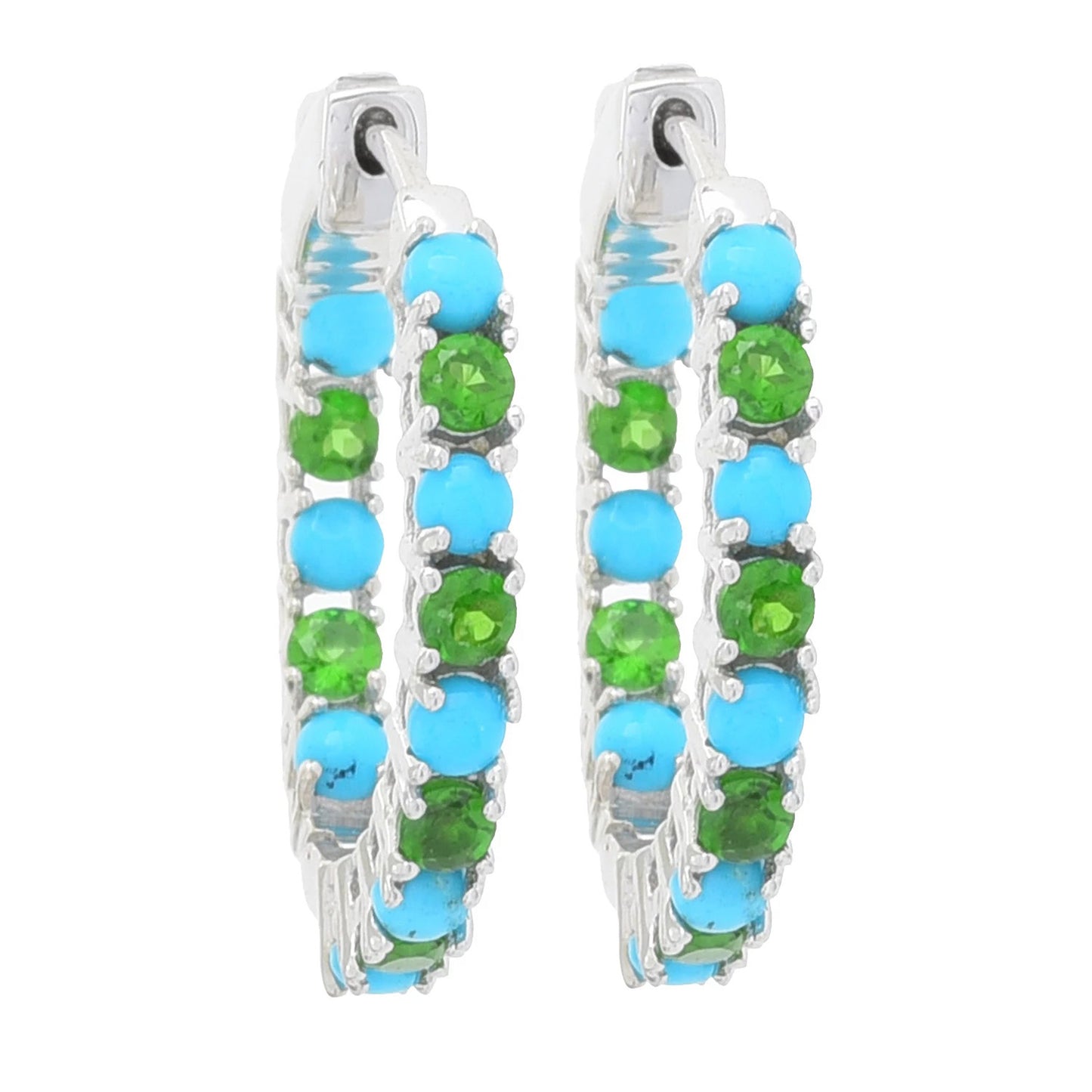 Sterling Silver 3mm Sleeping Beauty Turquoise & Chrome Diopside Inside-Out Hoop Earrings