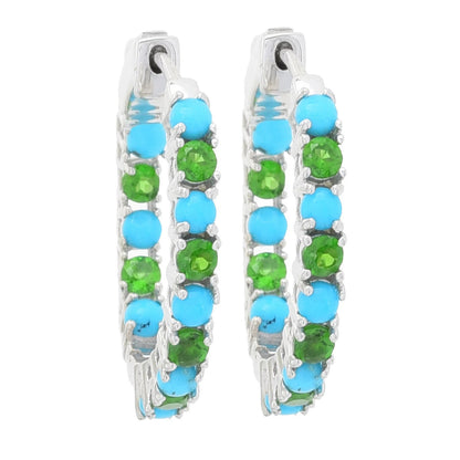 Sterling Silver 3mm Sleeping Beauty Turquoise & Chrome Diopside Inside-Out Hoop Earrings