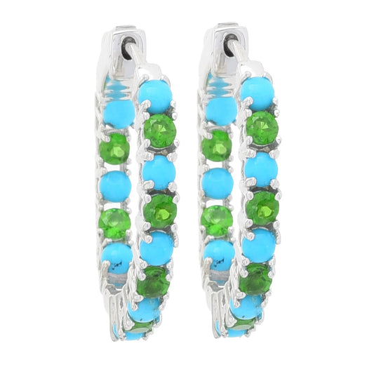 Sterling Silver 3mm Sleeping Beauty Turquoise & Chrome Diopside Inside-Out Hoop Earrings