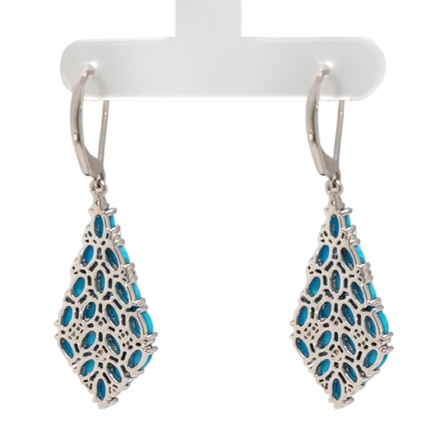 Sterling Silver Sleeping Beauty Turquoise & White Zircon Cluster Kite-Shaped Drop Earrings