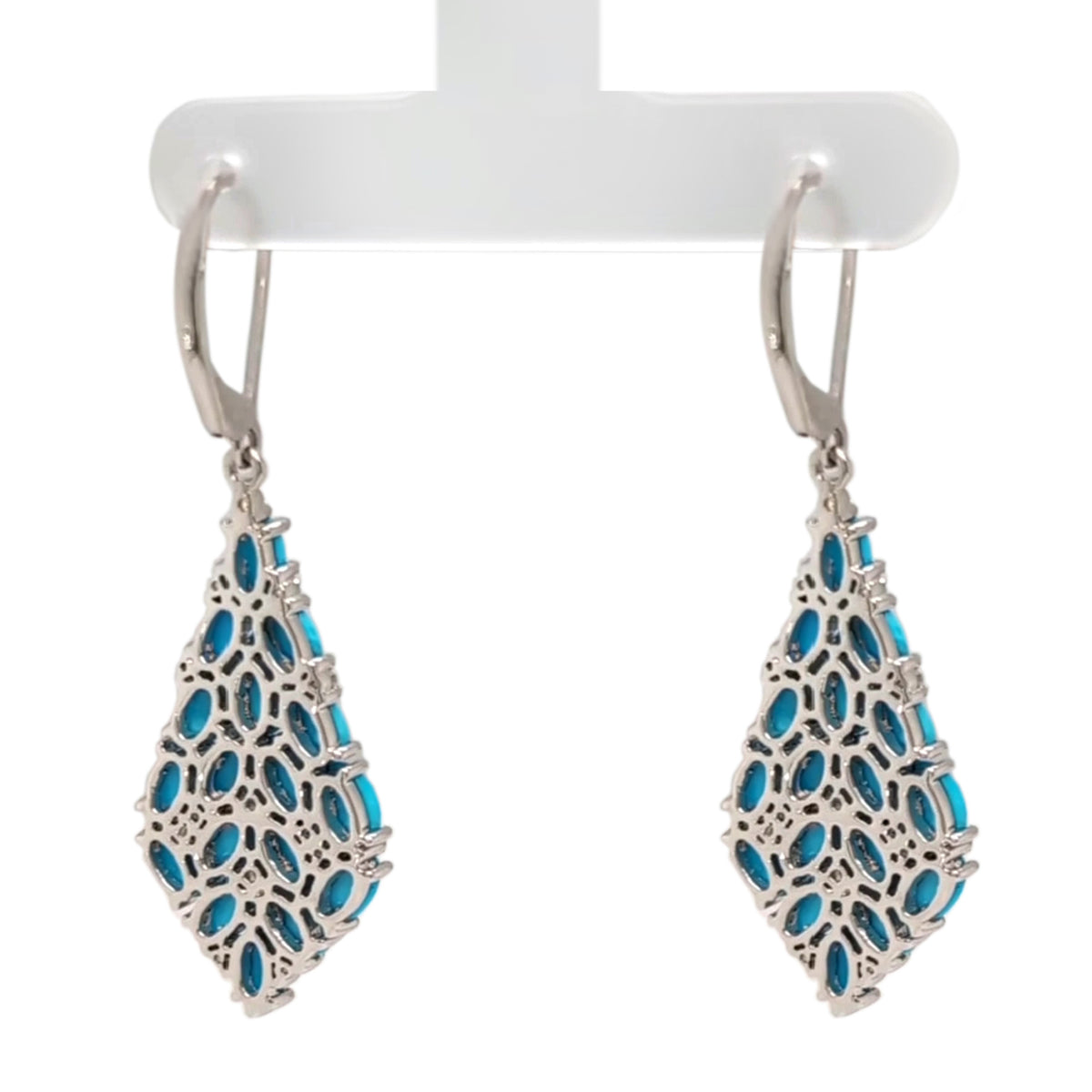 Sterling Silver Sleeping Beauty Turquoise & White Zircon Cluster Kite-Shaped Drop Earrings