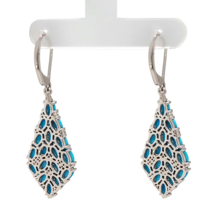 Sterling Silver Sleeping Beauty Turquoise & White Zircon Cluster Kite-Shaped Drop Earrings