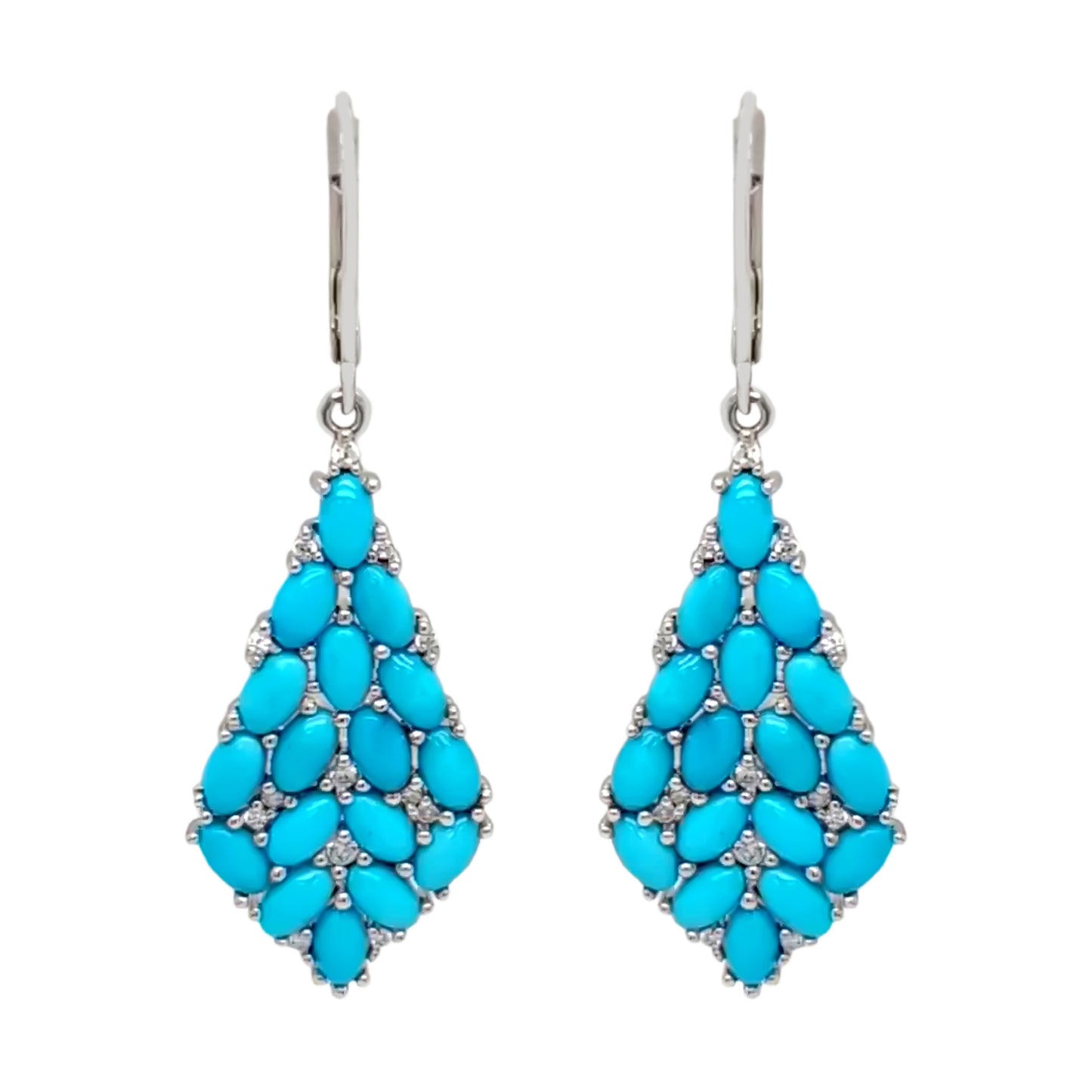 Sterling Silver Sleeping Beauty Turquoise & White Zircon Cluster Kite-Shaped Drop Earrings