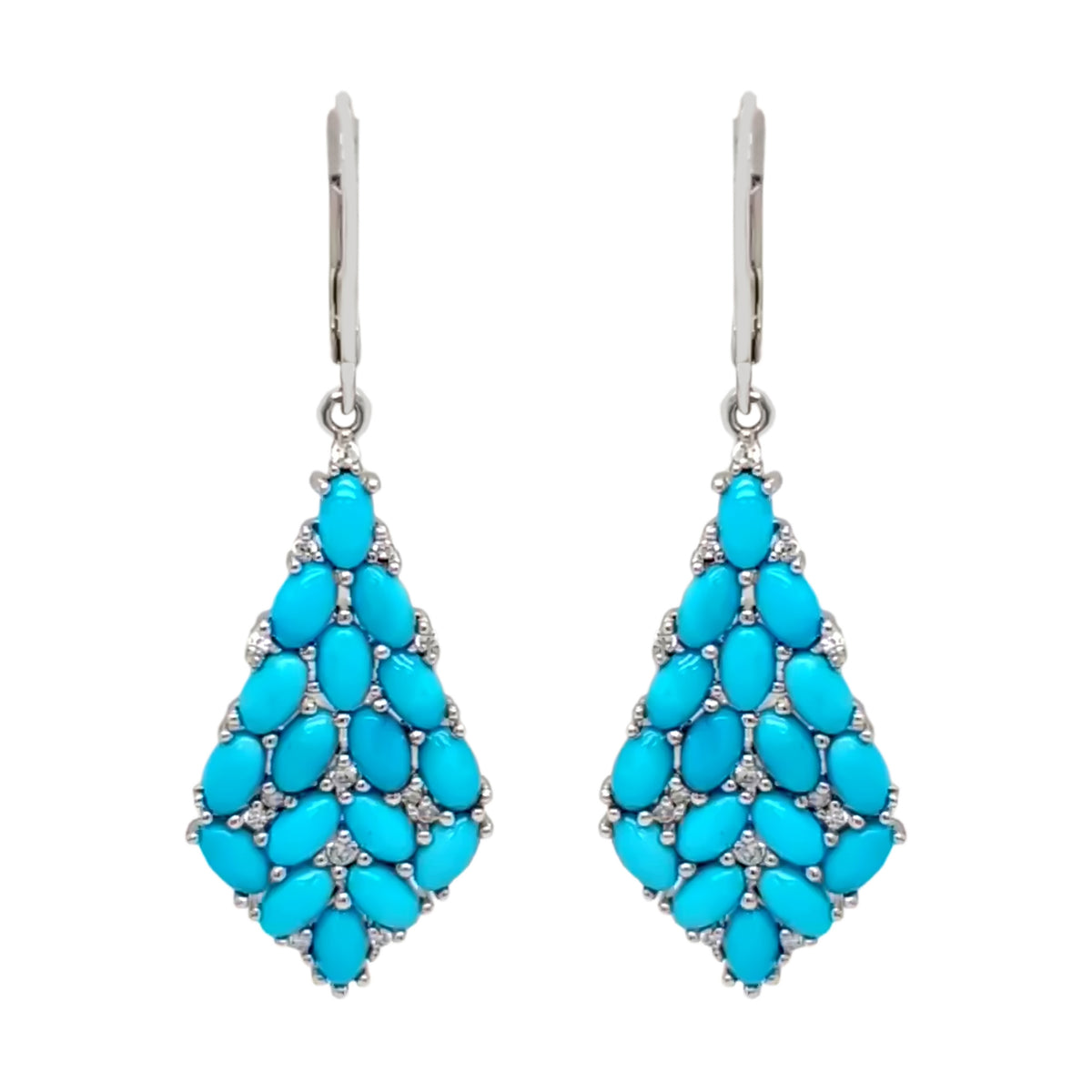Sterling Silver Sleeping Beauty Turquoise & White Zircon Cluster Kite-Shaped Drop Earrings