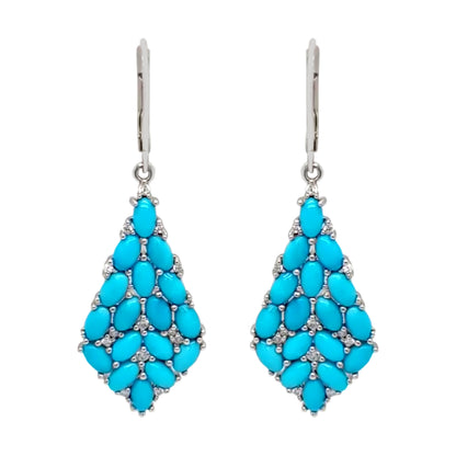 Sterling Silver Sleeping Beauty Turquoise & White Zircon Cluster Kite-Shaped Drop Earrings