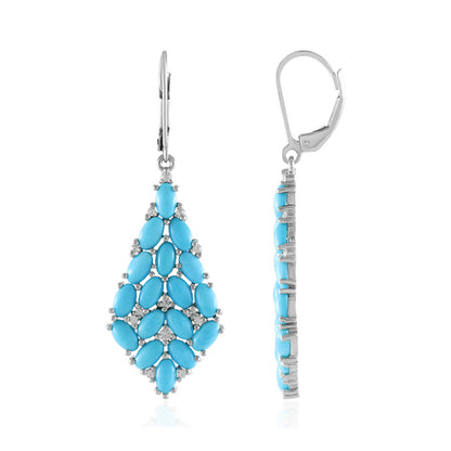 Sterling Silver Sleeping Beauty Turquoise & White Zircon Cluster Kite-Shaped Drop Earrings
