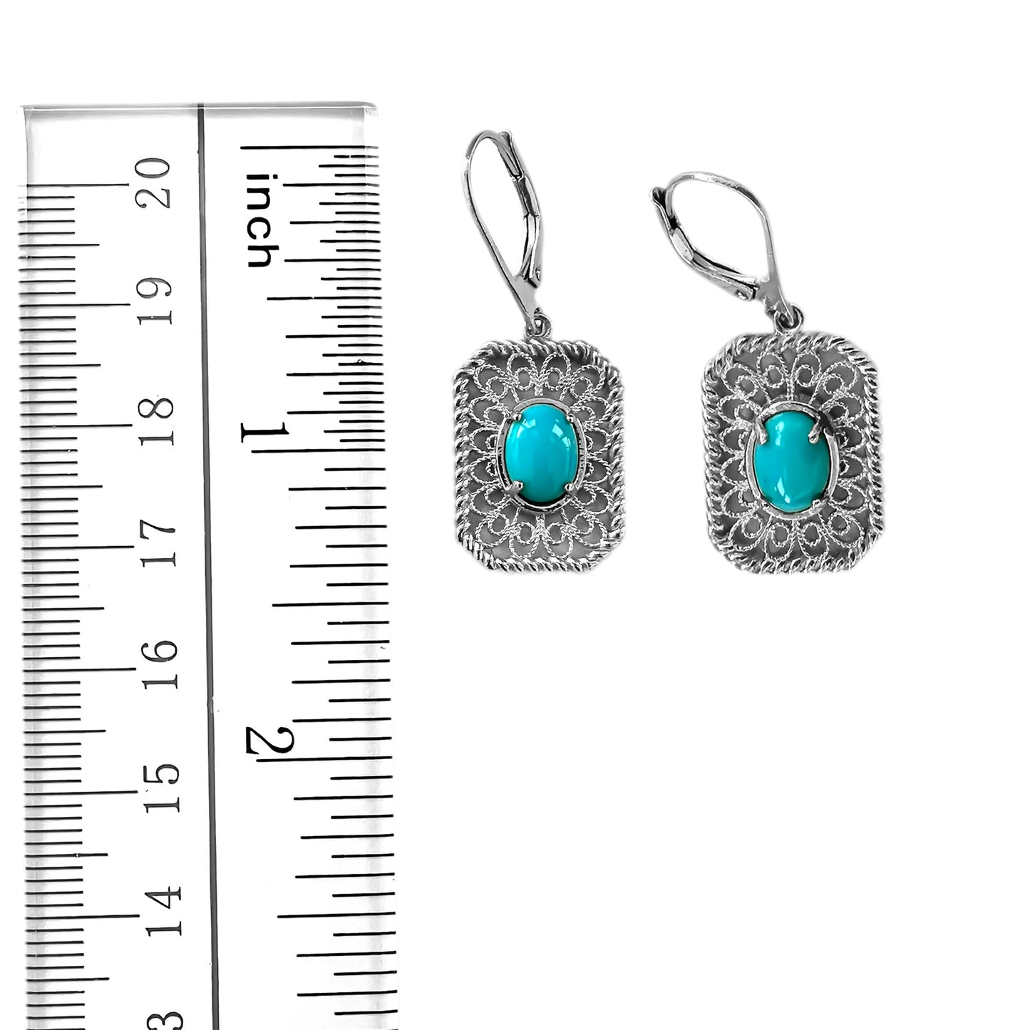 Sterling Silver 8x6mm Sleeping Beauty Turquoise Filigree Drop Earrings