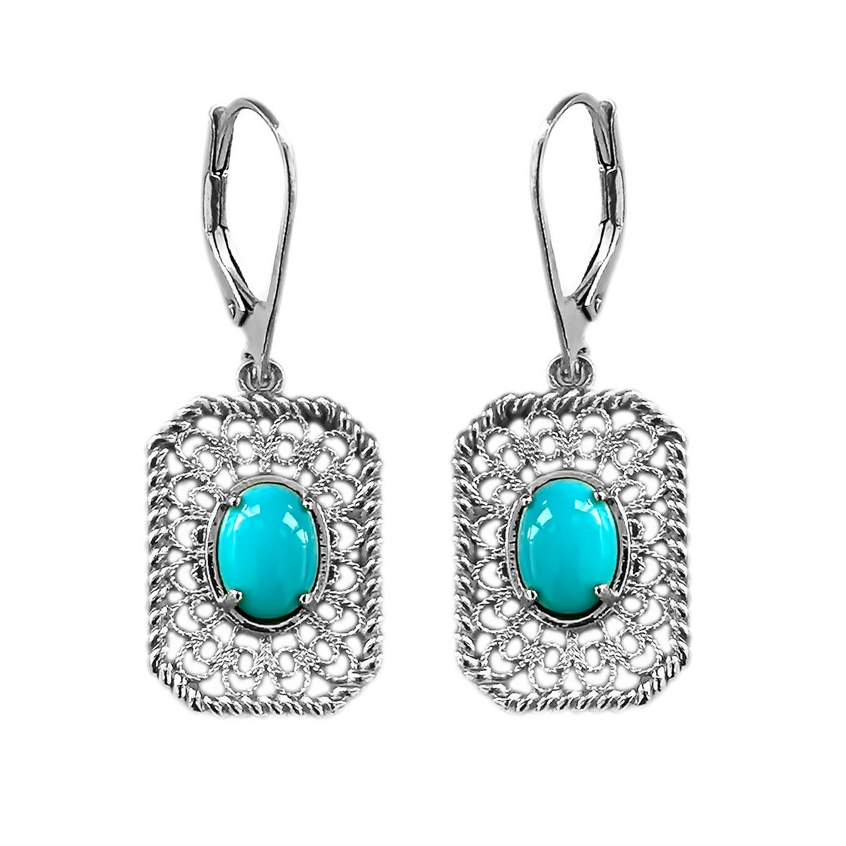 Sterling Silver 8x6mm Sleeping Beauty Turquoise Filigree Drop Earrings