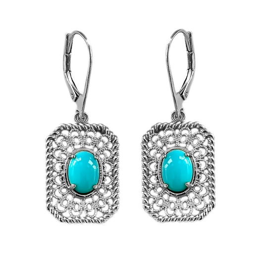 Sterling Silver 8x6mm Sleeping Beauty Turquoise Filigree Drop Earrings