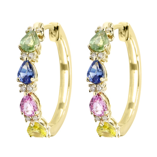 Gilded Lane 14K Gold 4x3mm Pear-Shaped Multi-Sapphire & Diamond Hoop Earrings
