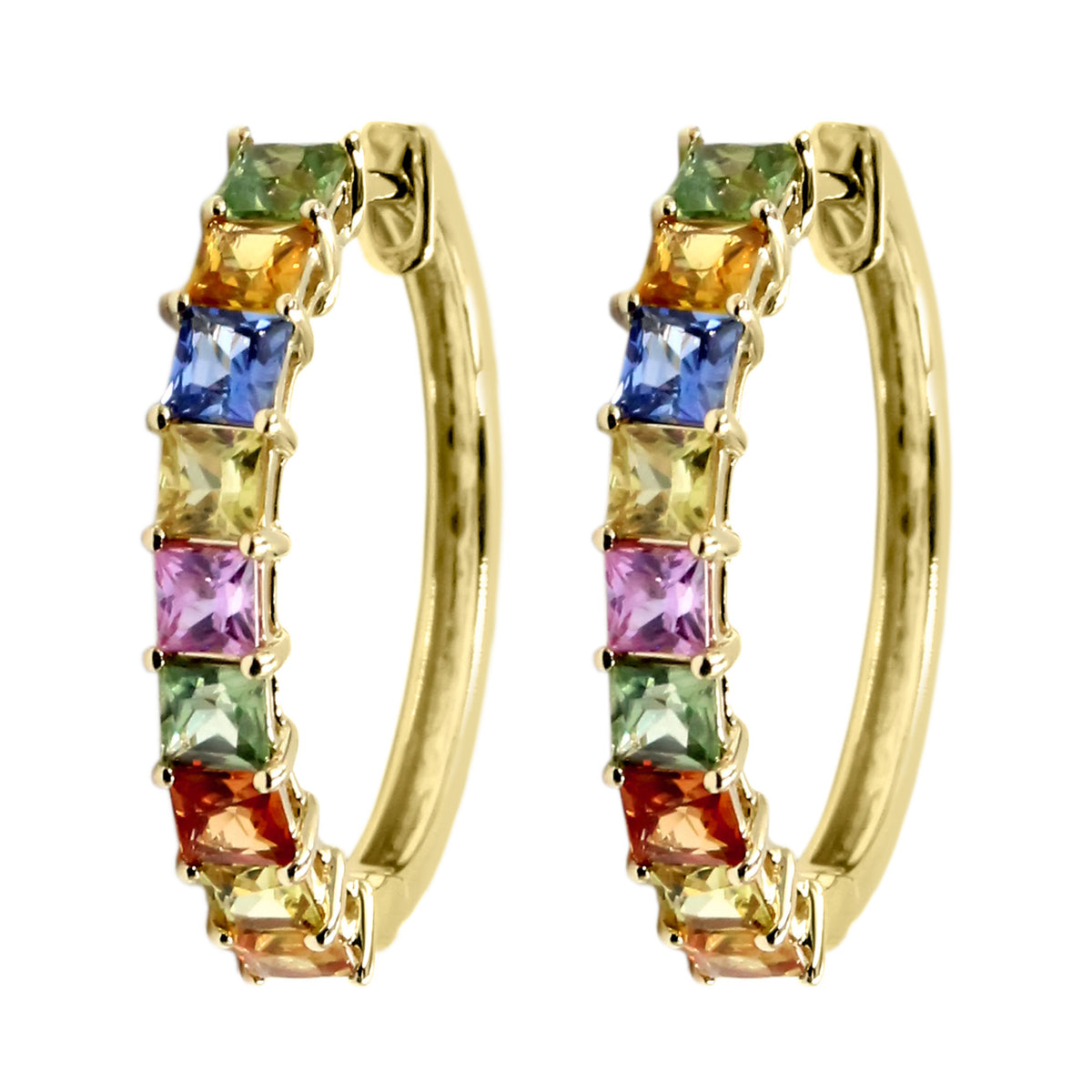Gilded Lane 14K Gold 2.5mm Square-Cut Multi-Sapphire Hoop Earrings