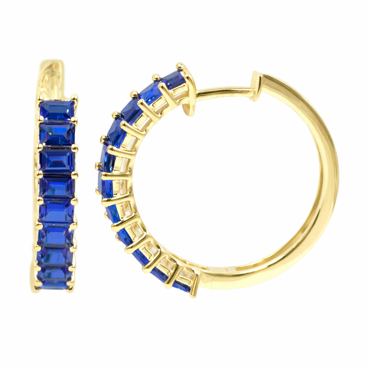 Gilded Lane 14K Gold 3x2mm Baguette Ceylon Blue Sapphire Hoop Earrings