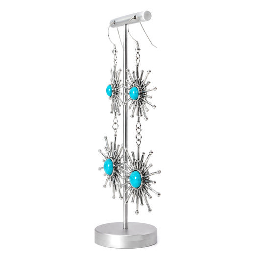 Sterling Silver Sleeping Beauty Turquoise Starbust Graduated Dangle Earrings