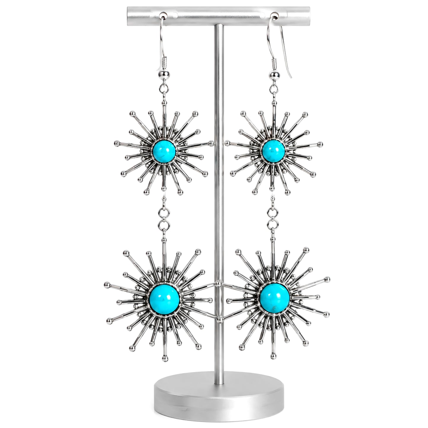 Sterling Silver Sleeping Beauty Turquoise Starbust Graduated Dangle Earrings