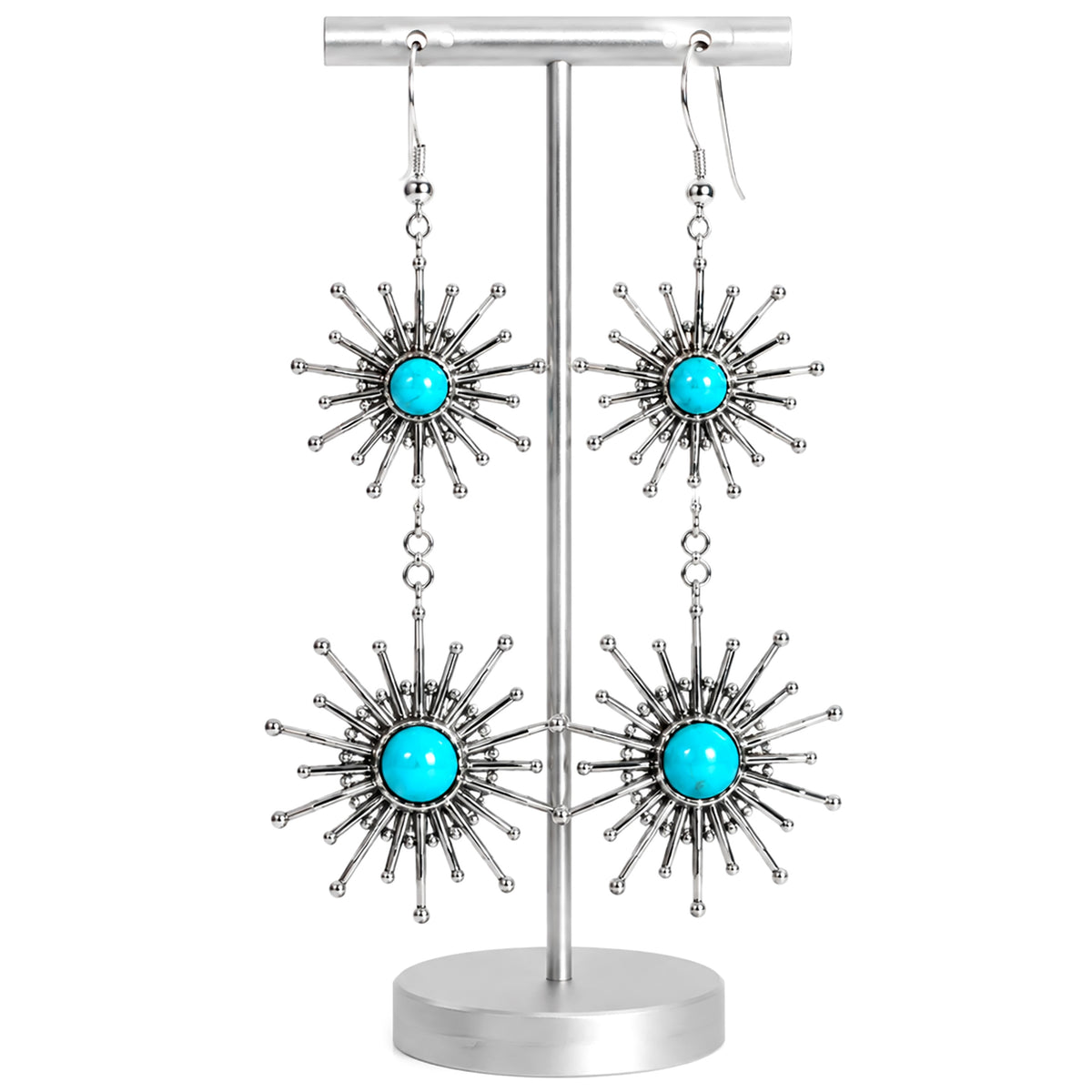 Sterling Silver Sleeping Beauty Turquoise Starbust Graduated Dangle Earrings