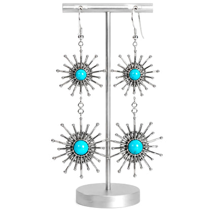 Sterling Silver Sleeping Beauty Turquoise Starbust Graduated Dangle Earrings