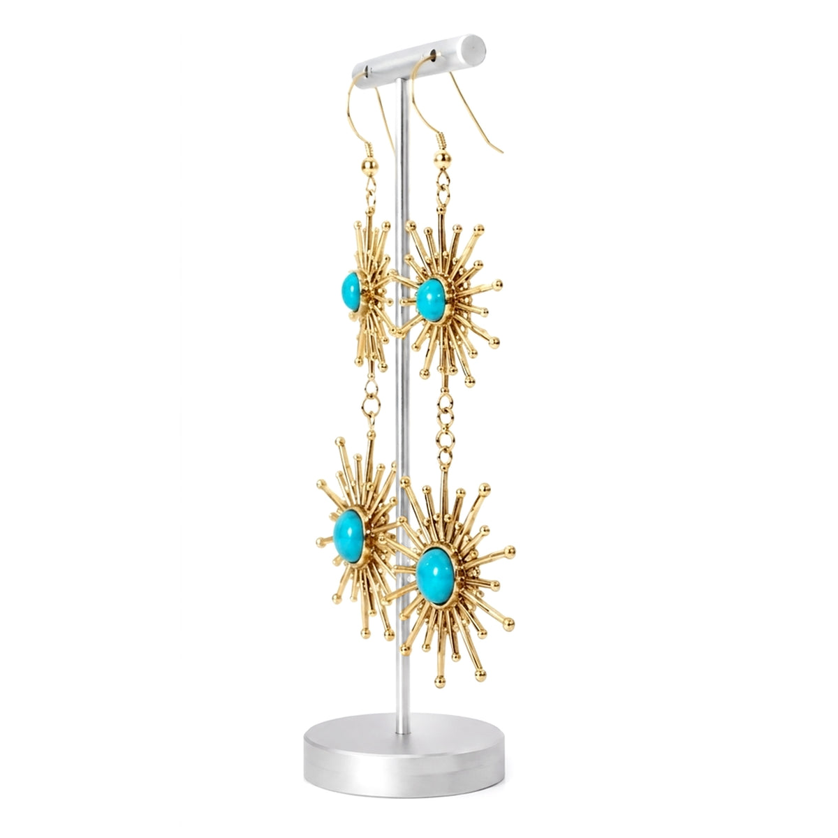 Sterling Silver Sleeping Beauty Turquoise Starbust Graduated Dangle Earrings