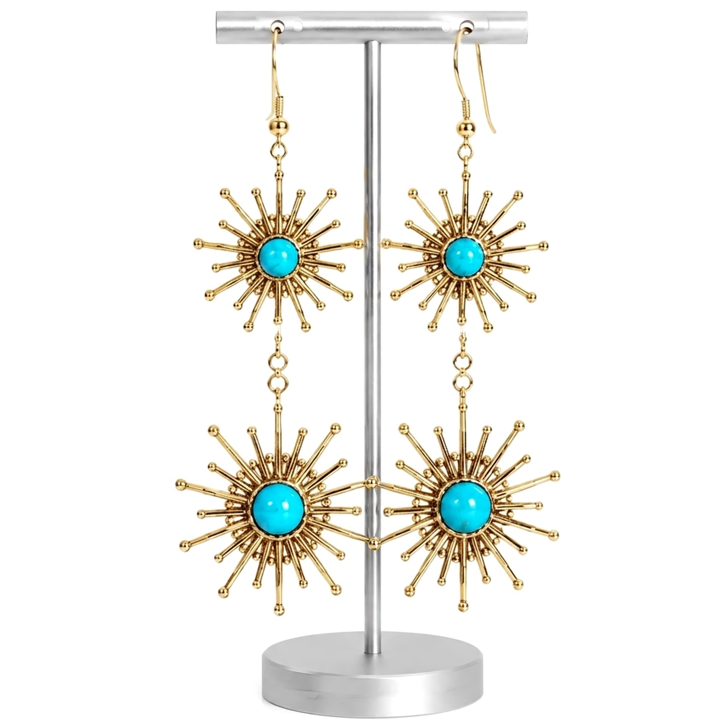 Sterling Silver Sleeping Beauty Turquoise Starbust Graduated Dangle Earrings