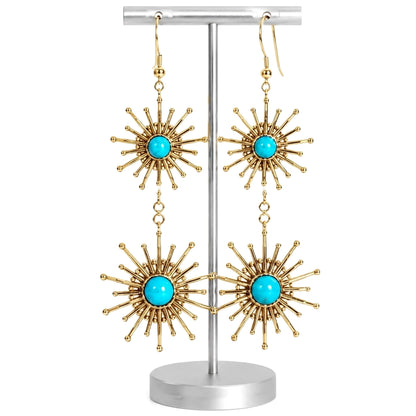 Sterling Silver Sleeping Beauty Turquoise Starbust Graduated Dangle Earrings