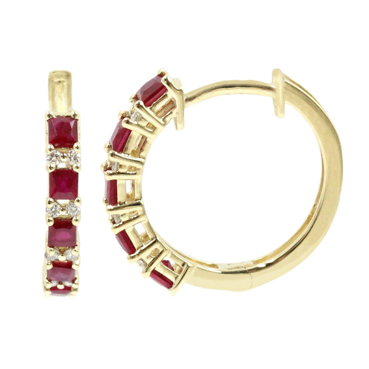 Gilded Lane 14K Gold 2mm Square-Cut Ruby & Diamond Alternating Hoop Earrings