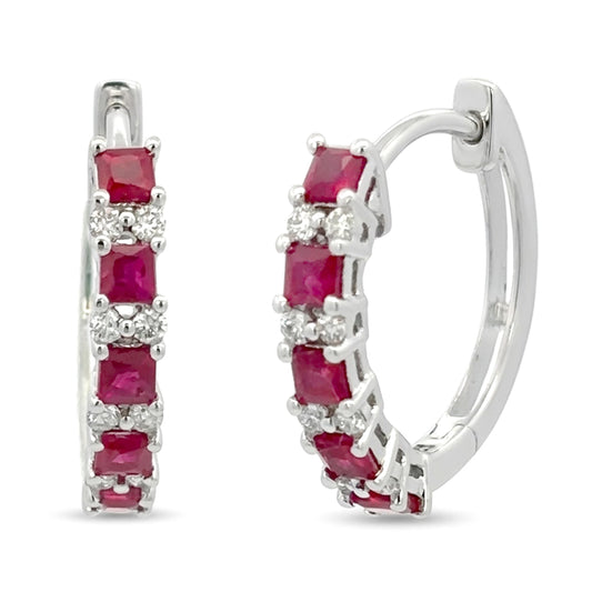 Gilded Lane 14K Gold Square Ruby & Diamond Alternating Hoop Earrings