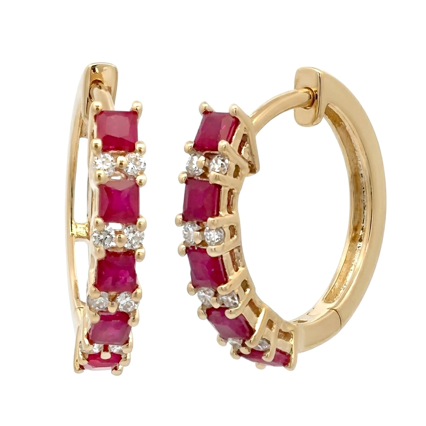 Gilded Lane 14K Gold Square Ruby & Diamond Alternating Hoop Earrings