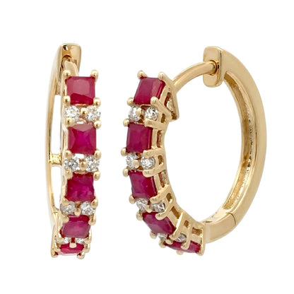 Gilded Lane 14K Gold Square Ruby & Diamond Alternating Hoop Earrings