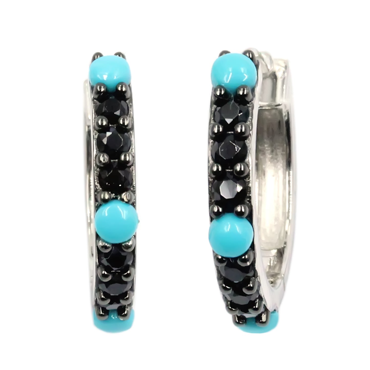 Sterling Silver Round Sleeping Beauty Turq & Black Spinel Single Row Hoop Earrings