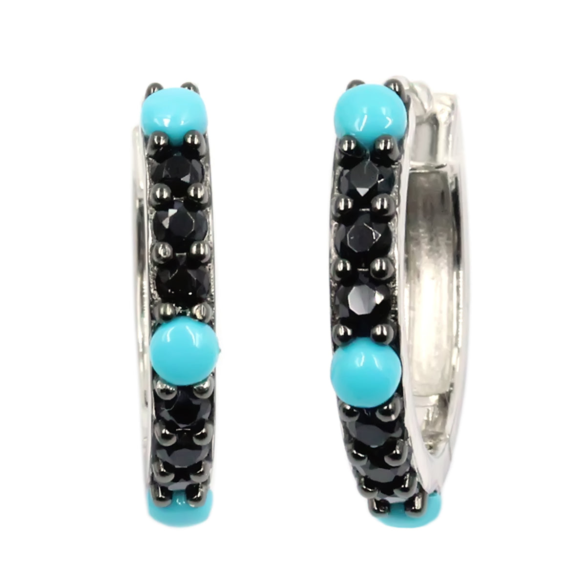 Sterling Silver Round Sleeping Beauty Turq & Black Spinel Single Row Hoop Earrings