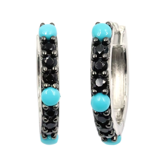 Sterling Silver Round Sleeping Beauty Turq & Black Spinel Single Row Hoop Earrings