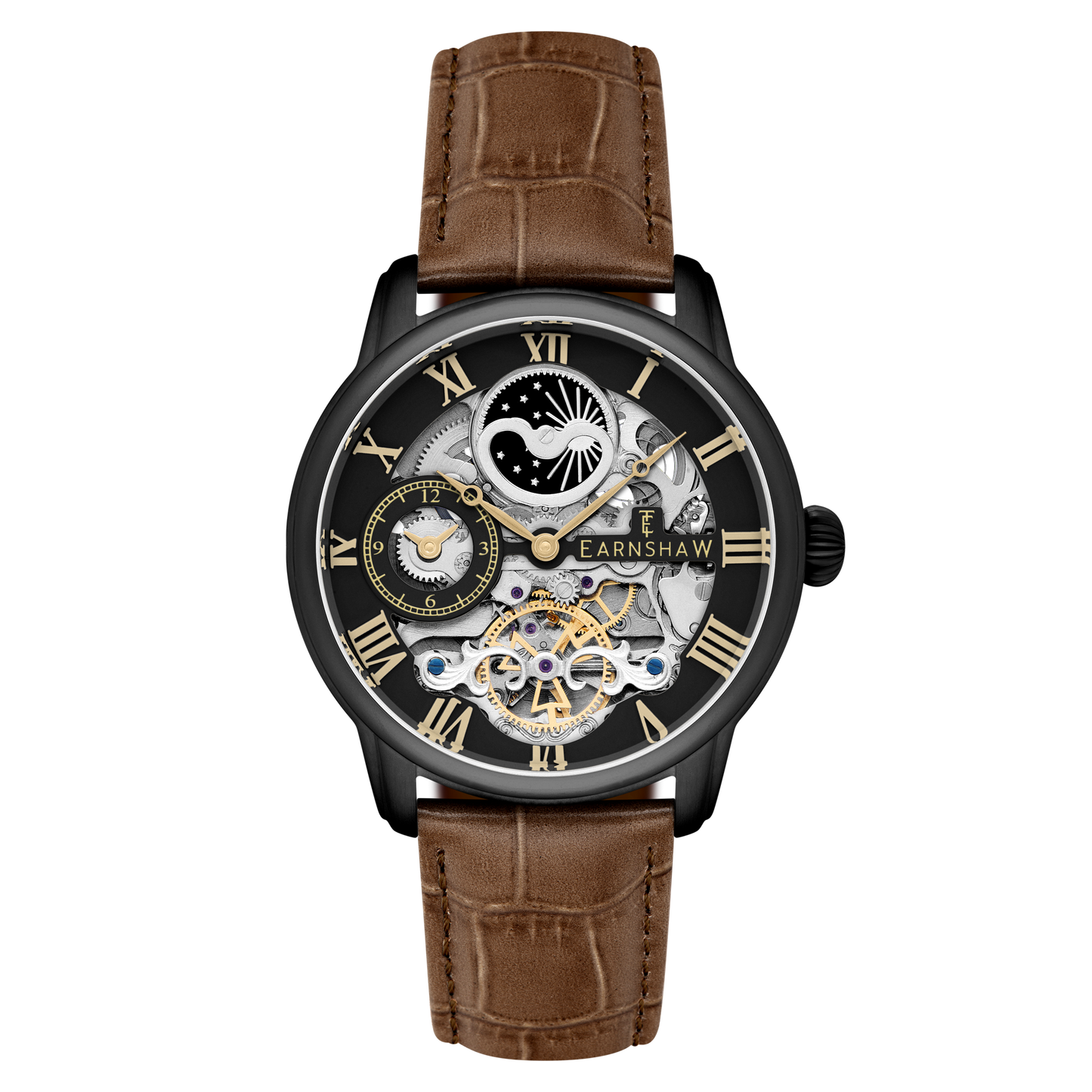 Thomas Earnshaw Men's 44mm Longitude Automatic Moonphase Skeletonized Leather Strap Watch