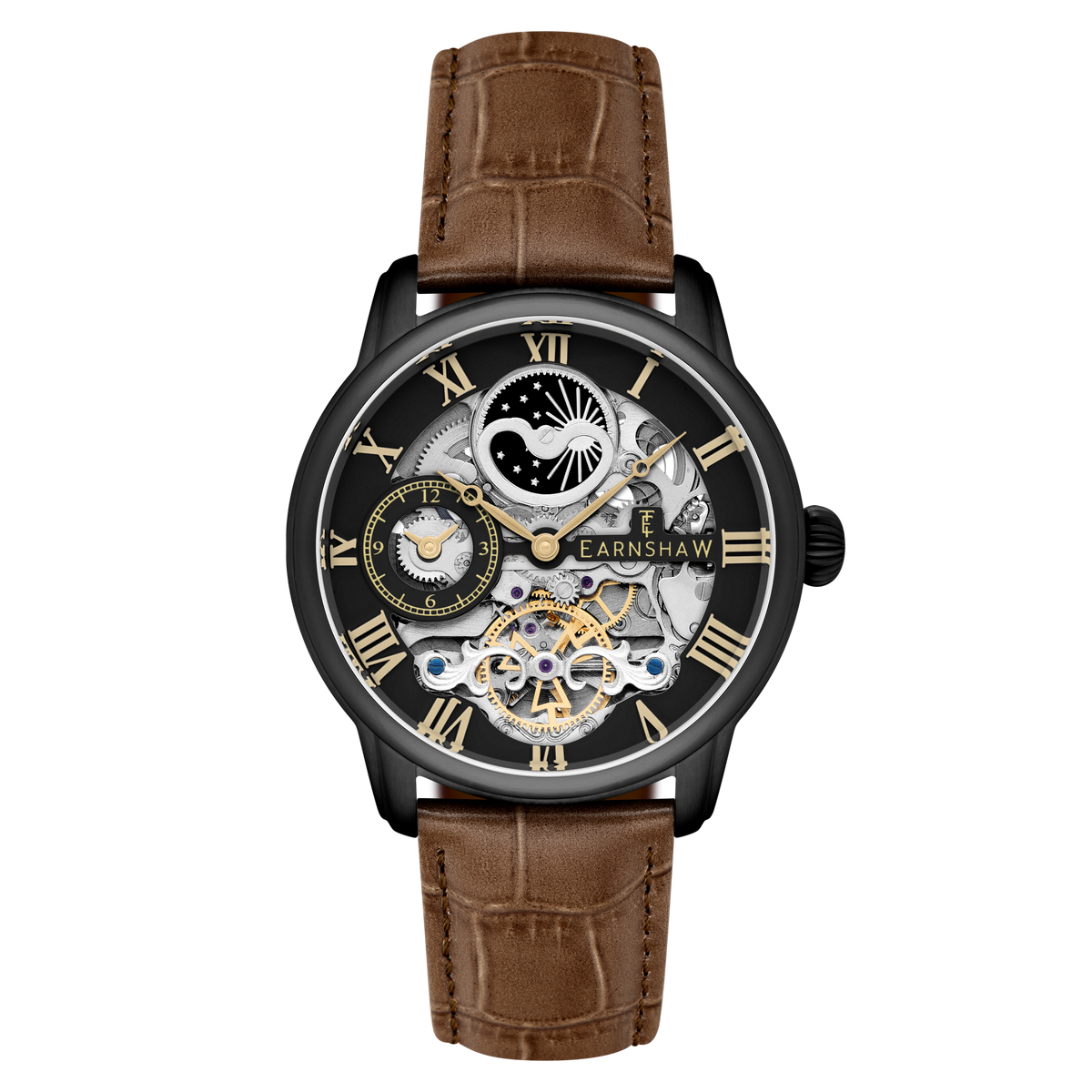 Thomas Earnshaw Men's 44mm Longitude Automatic Moonphase Skeletonized Leather Strap Watch