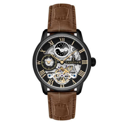 Thomas Earnshaw Men's 44mm Longitude Automatic Moonphase Skeletonized Leather Strap Watch