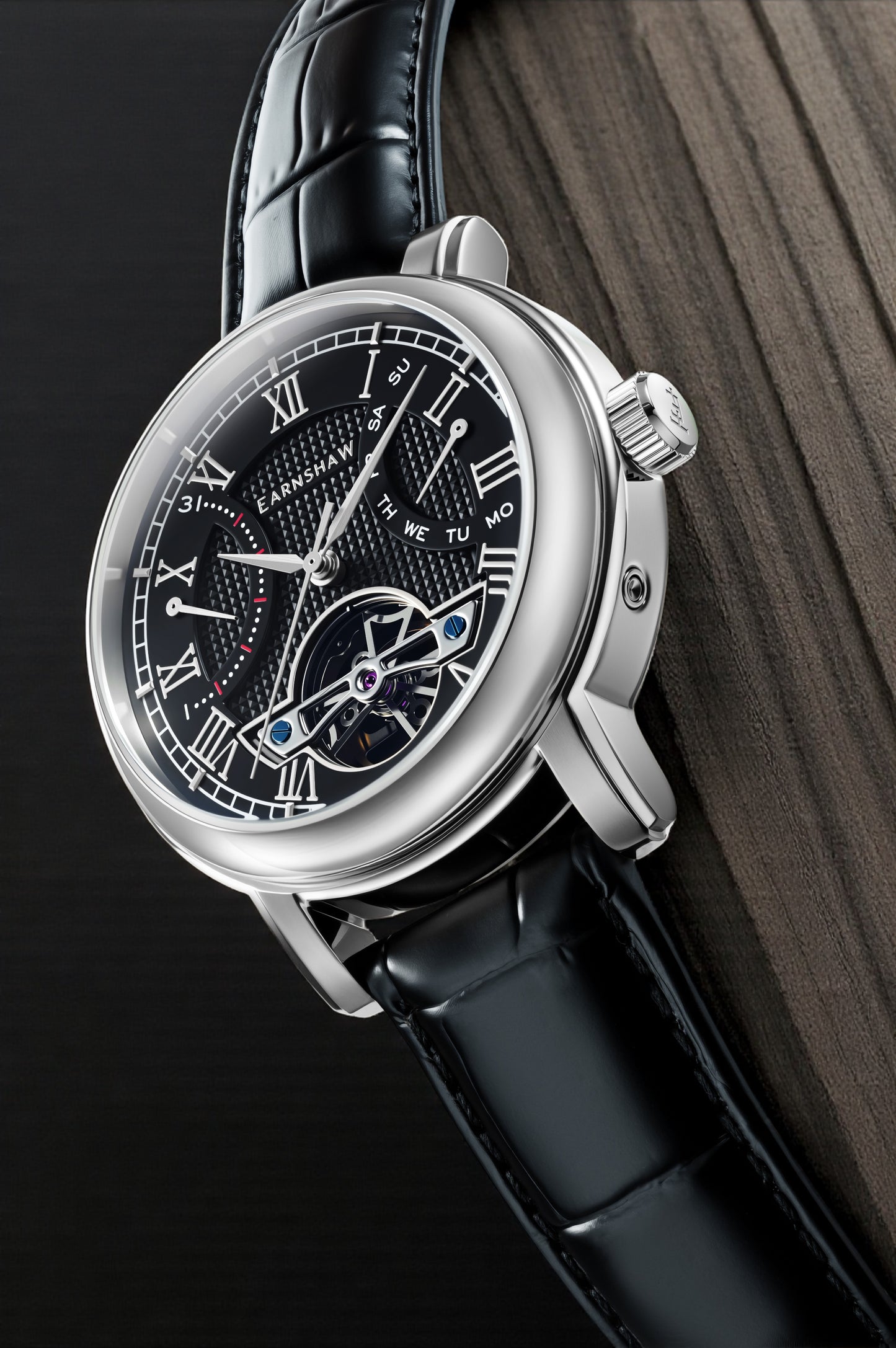 Thomas Earnshaw Men's 43mm Longcase Automatic Double Retrograde Calendar Leather Strap Watch
