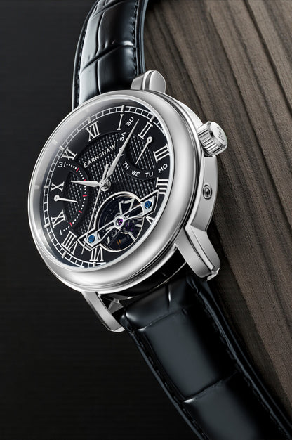 Thomas Earnshaw Men's 43mm Longcase Automatic Double Retrograde Calendar Leather Strap Watch