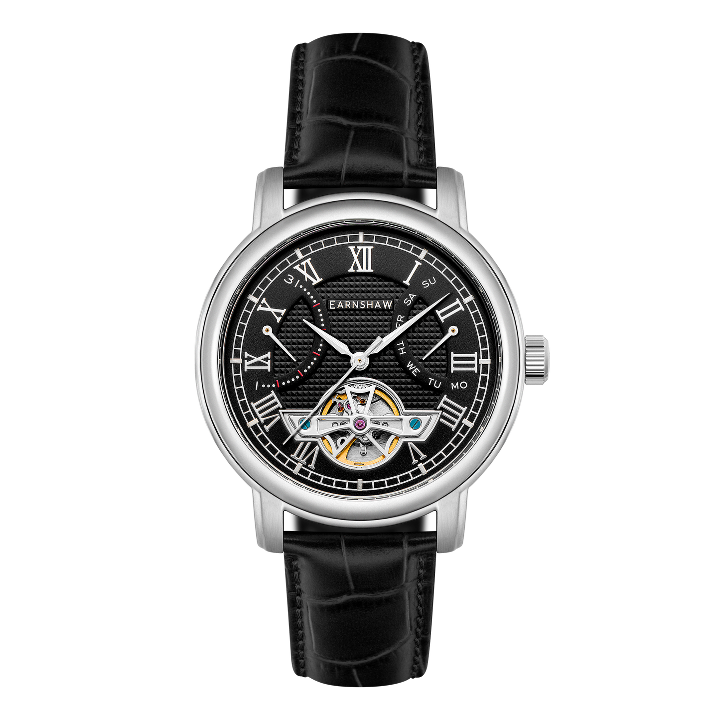 Thomas Earnshaw Men's 43mm Longcase Automatic Double Retrograde Calendar Leather Strap Watch