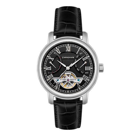 Thomas Earnshaw Men's 43mm Longcase Automatic Double Retrograde Calendar Leather Strap Watch