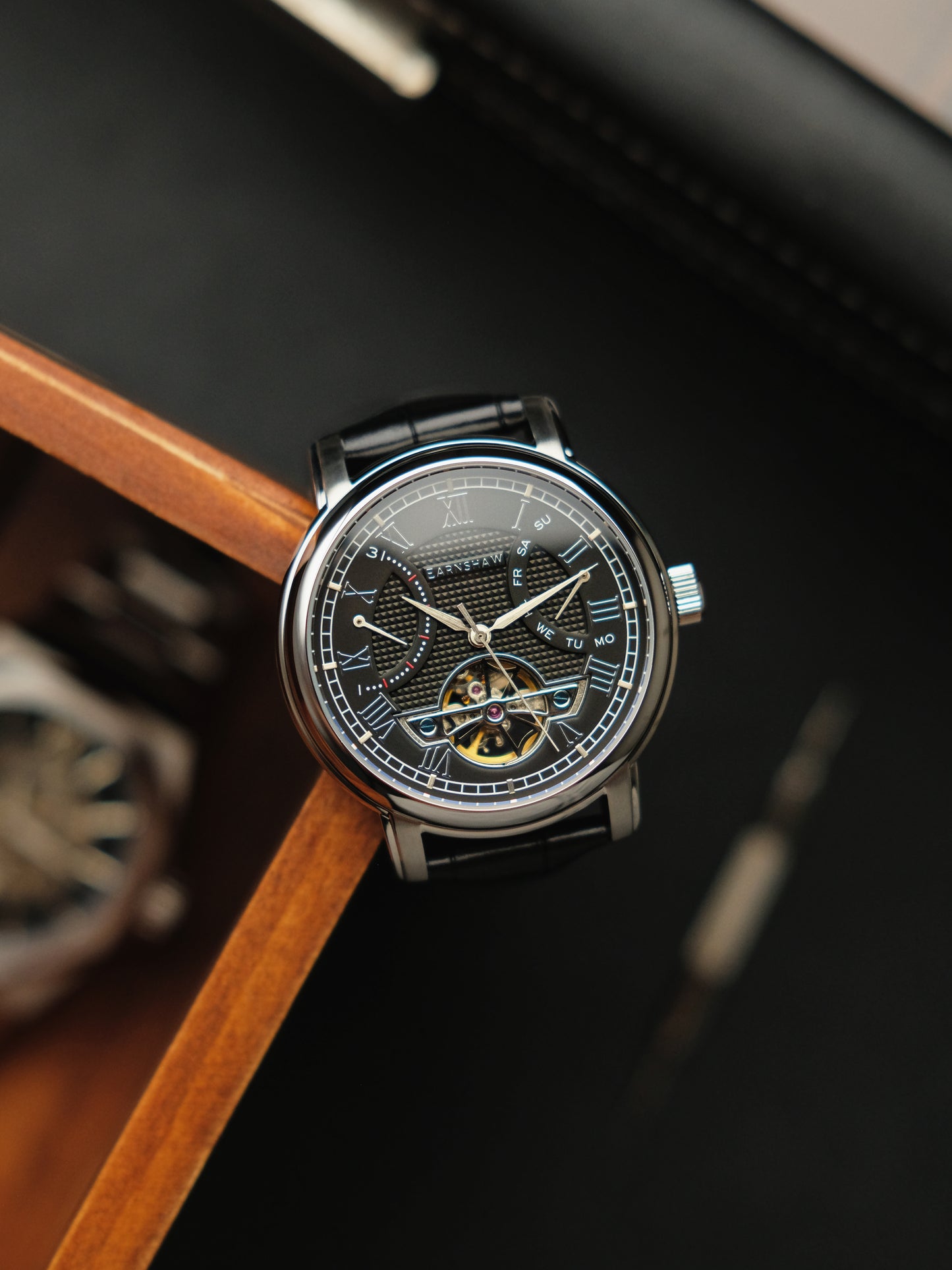 Thomas Earnshaw Men's 43mm Longcase Automatic Double Retrograde Calendar Leather Strap Watch