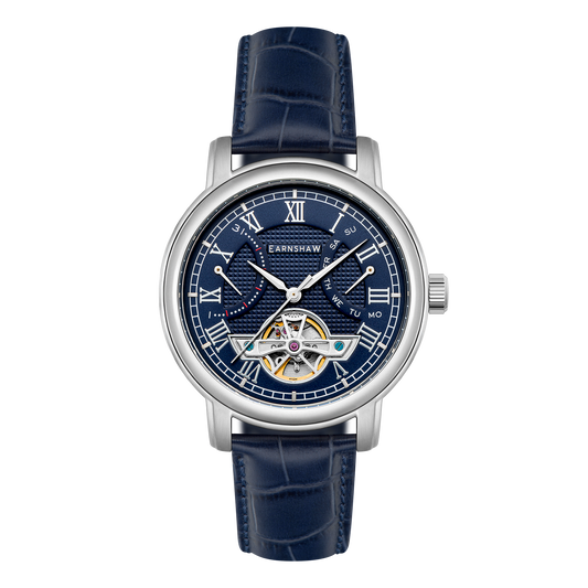 Thomas Earnshaw Men's 43mm Longcase Automatic Double Retrograde Calendar Leather Strap Watch